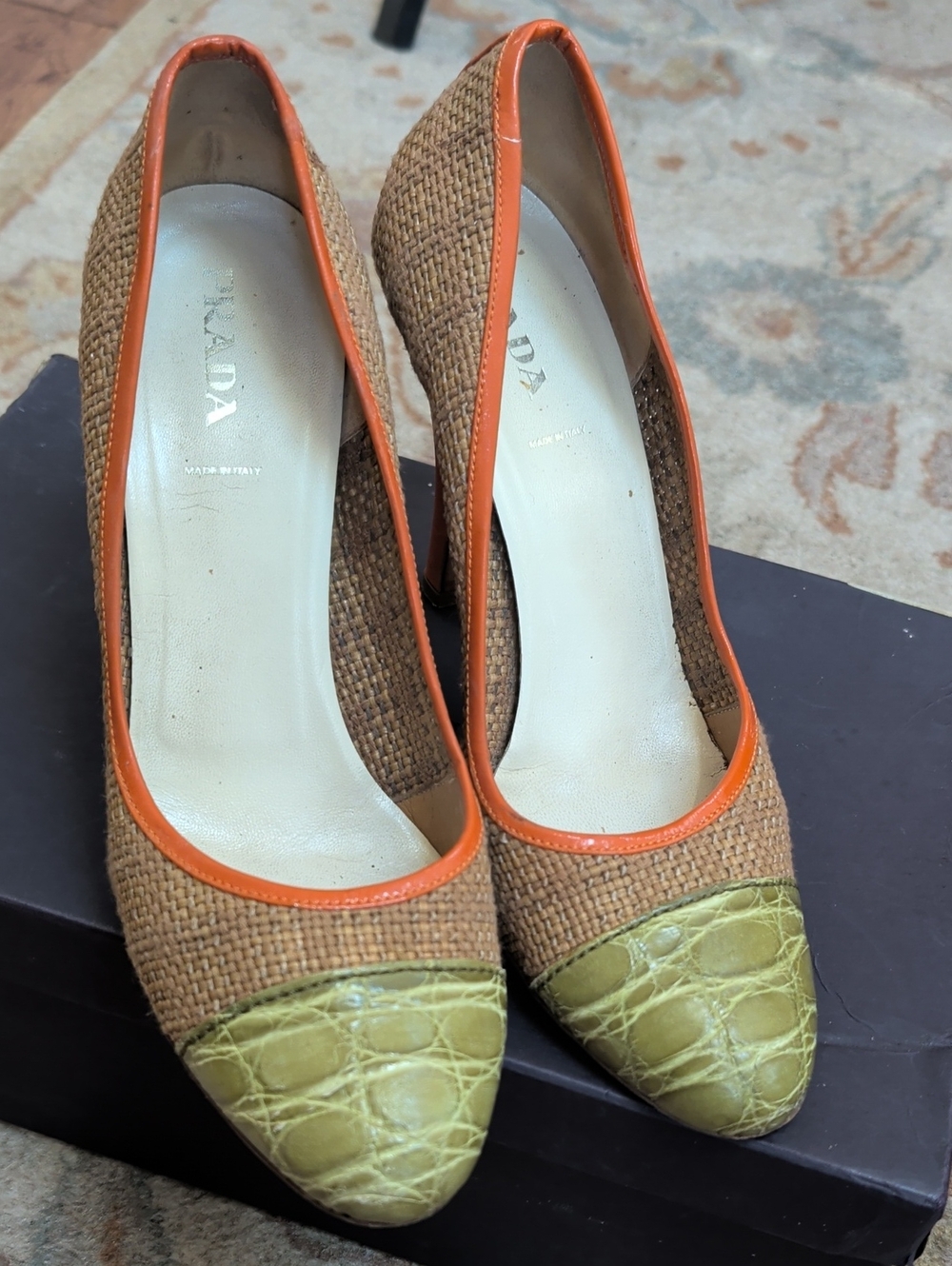 Prada Tan Raffia Paglia Cocco Tab Felce Pumps with Orange Trim and Olive Y2K